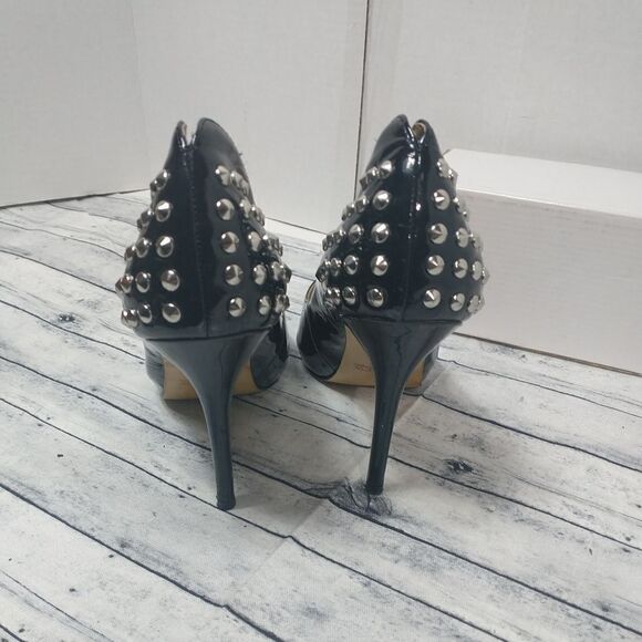 Andrew Stevens SZ 9M Patent Black Studded Stiletto  Biker Heels - Picture 5 of 11